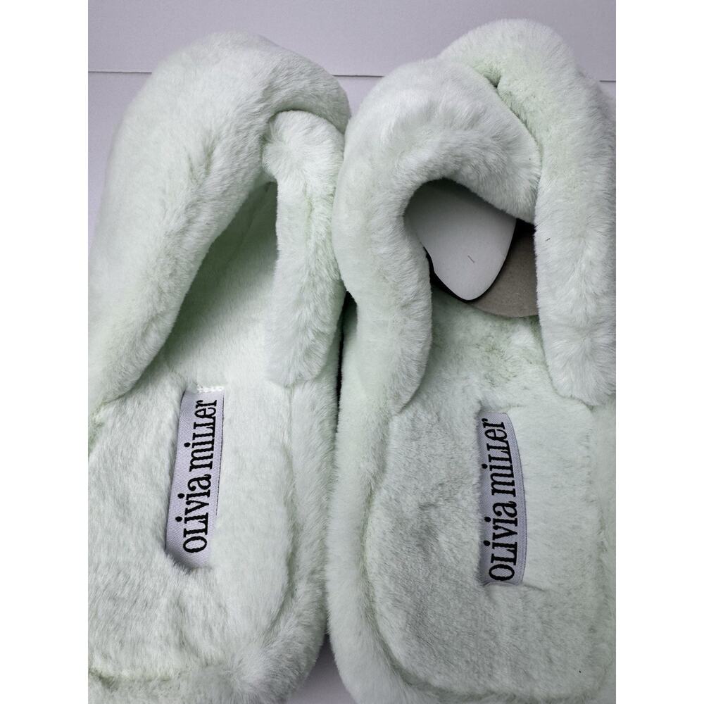 Olivia Miller Faux Fur Crossband Slippers Mint Green Open Toe Slide Size 10 - Picture 4 of 7
